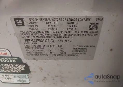 2016 Chevrolet Equinox Lt из США, поврежденный, VIN 2GNALCEK5G1174143